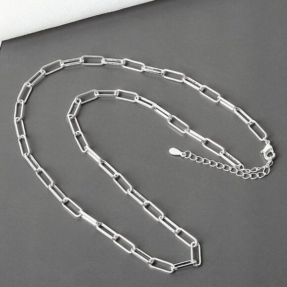 Silver Paperclip Chain Link Choker Necklace 925 Stamped - Picture 2 of 7